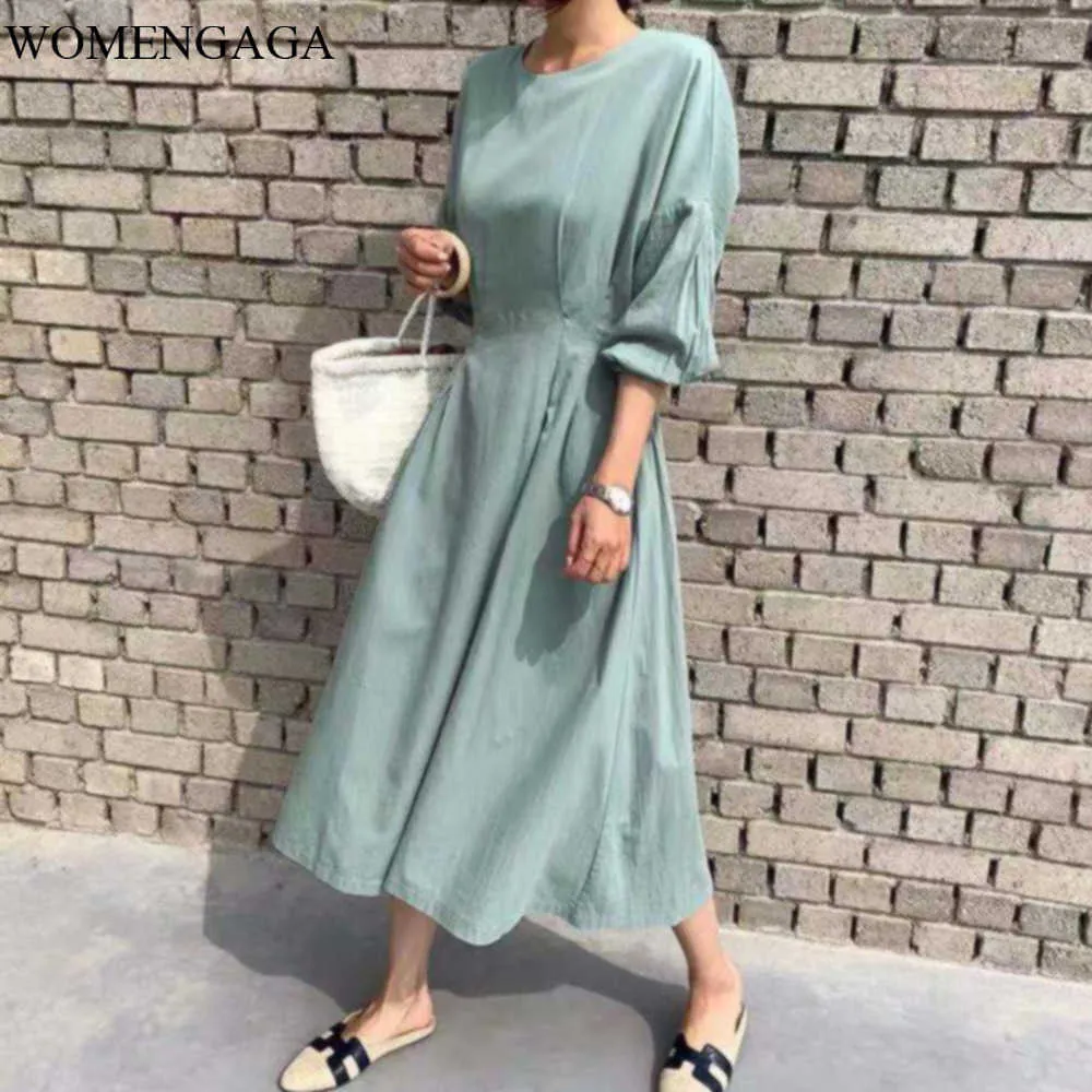 Summer Fashion Womens Blue Korea Loose Casual High Waist Fold Three Quarter Sleeve Girl Female Dress Dresses E011 210603