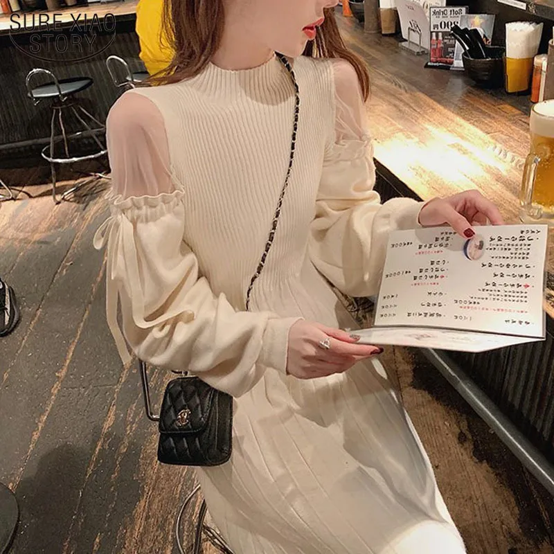 Mesh Spliced Knitted Dresses Women Long Sleeve Bow Turtleneck Spring Sexy Off Shoulder Fashion Vestidos Dress 11735 210417