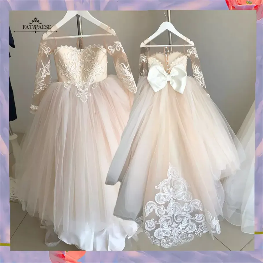 2-14 años Lace Tulle Flower Girl Dress Bows First First Vestido Princess Ball Bown Vestidos de fiesta FS9780 XU