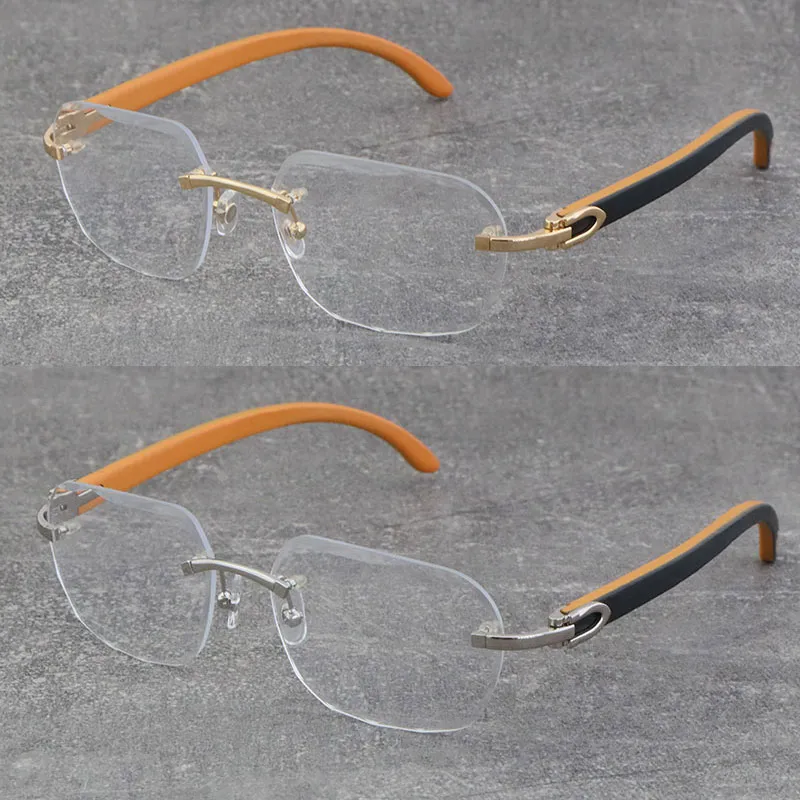 Wholesale Classic Styles Rimless Metal Frames Optical New Design Black Inside Orange Wooden Eyeglasses 18K Gold Frame 3524012 Glasses Diamond cut Eyewear Size:58