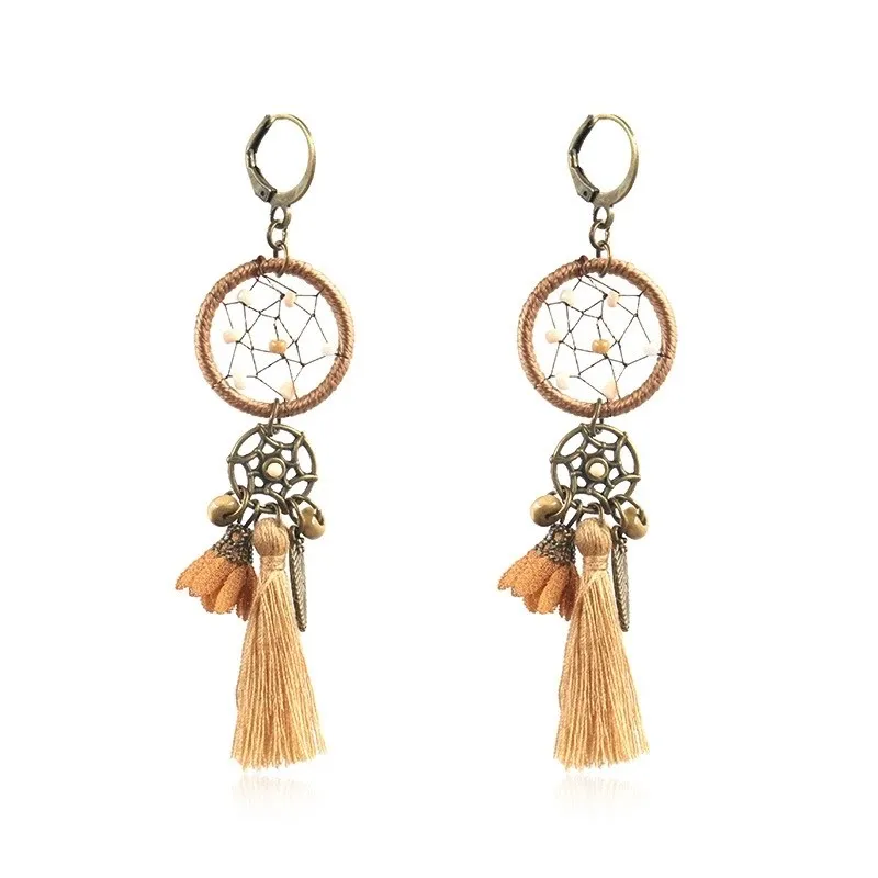 Dream Catcher Long Tassel Earrings For Women Bohemian Ethnic Jewelry Vintage Brown Fringe Flower Dangle Hanging Earrings