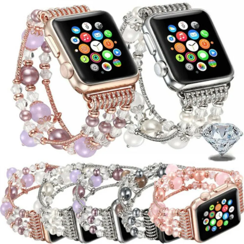 Bijoux pour femmes Bracelet de montre-bracelet Bracelet pour Apple Watch Series 7 6 5 4 3 2 1 Bracelet de perles de mode Iwatch 38mm 40mm 42mm 44mm Bracelet de montre en pierre d'agate artificielle