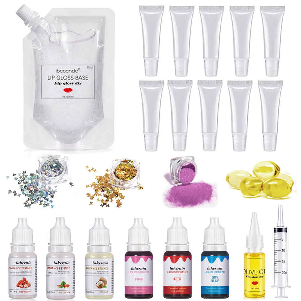 Kit de brilho labiita DIY hidratando gel base claro 100ml com tube de brilho pigmento pó glitter sabor essência vitamina E