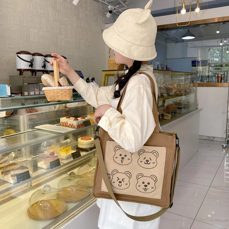 2021 Fashion Bags Japanese Cute Soft Funny Personality Print Four Bear Sister Student Canvas Shoulder Bag Handbag Totes