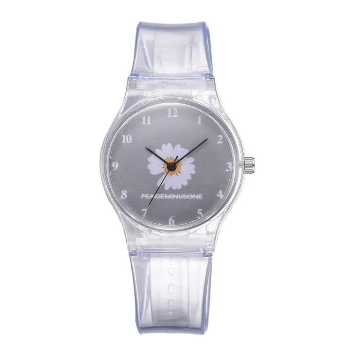 Small Daisy Jelly Watch Students Girls Cute Cartoon Chrysanthemum Silicone Watches Transparent Band Grey Dial Wristwatches