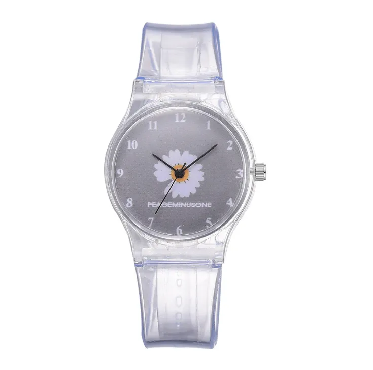 Petite marguerite gelée montre étudiants filles mignon dessin animé chrysanthème Silicone montres bande transparente cadran gris montres-bracelets