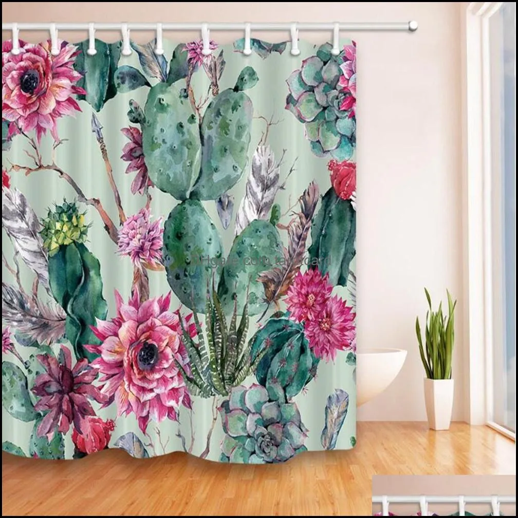 シャワーカーテンバスルームアクセサリーバスホームガーデンサボテンカーテンセット熱帯植物花飾り花鮮やかな花グリーンセクターデコ