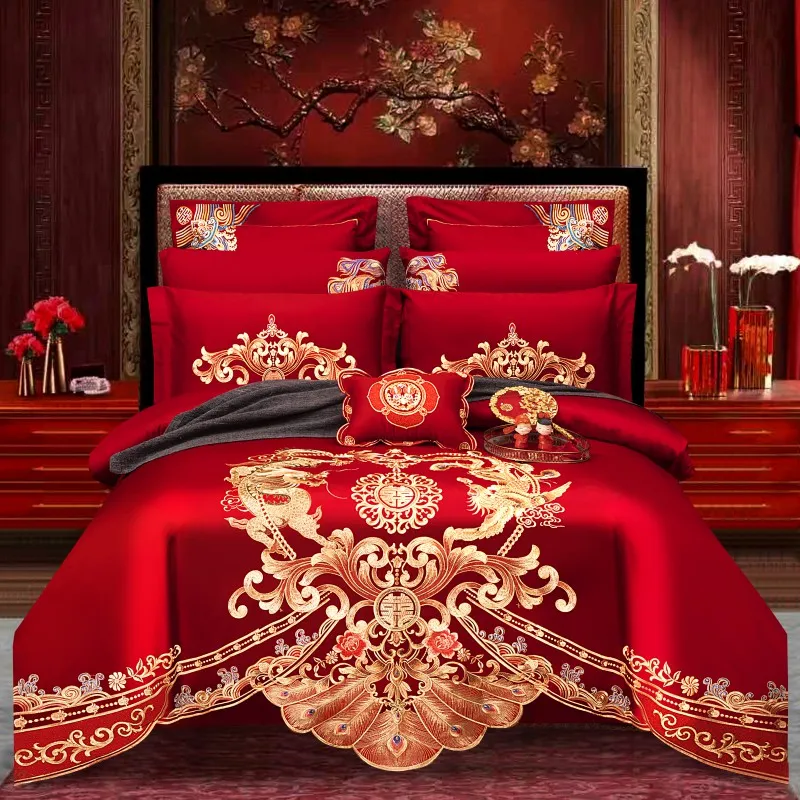 Wysokiej klasy złoty phoenix loong haftowy zestaw pościeli luksusowy chiński styl ślub czysty bawełniany czerwony kołdra arkusz łóżka lniane poduszki poduszki domowe