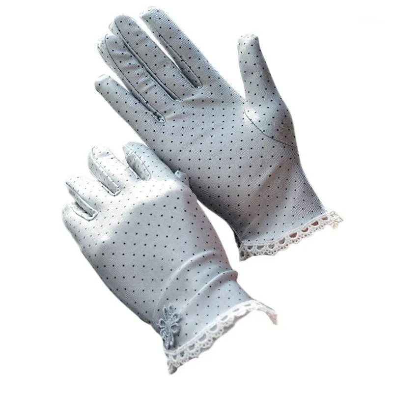 Five Fingers Gloves Women UV Protection Short Floral Lace Polka Dot Sunscreen Driving Mittens