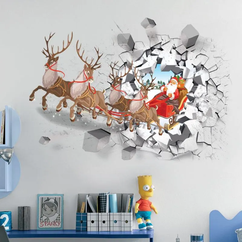 Wall Stickers Christmas Creative 3D Santa Claus Reindeer Car Removable Decals For Bedroom Living Room Restaurant Office