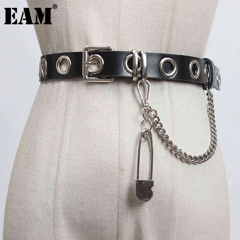 [EAM] Pu Leather Metal Black Hollow Out Long Belt Personality Women New Fashion Tide All-match Spring Autumn 2022 1DB560 AA220312