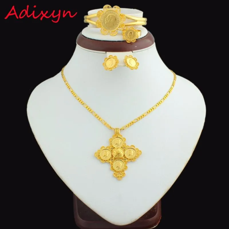 Oorbellen Ketting Est Ethiopische 5st Coin Cross Bruiloft Sieraden Sets 24K Goud Kleur Bruids Romantische Habesha Voor Vrouwen Geschenken