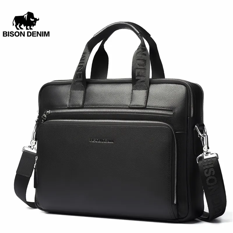 Bison Denim Men Bag Genuine Leather Backcases14 "Laptop Masculino Negócio Crossbody Messenger / Ombro para homem N2333-3 210809