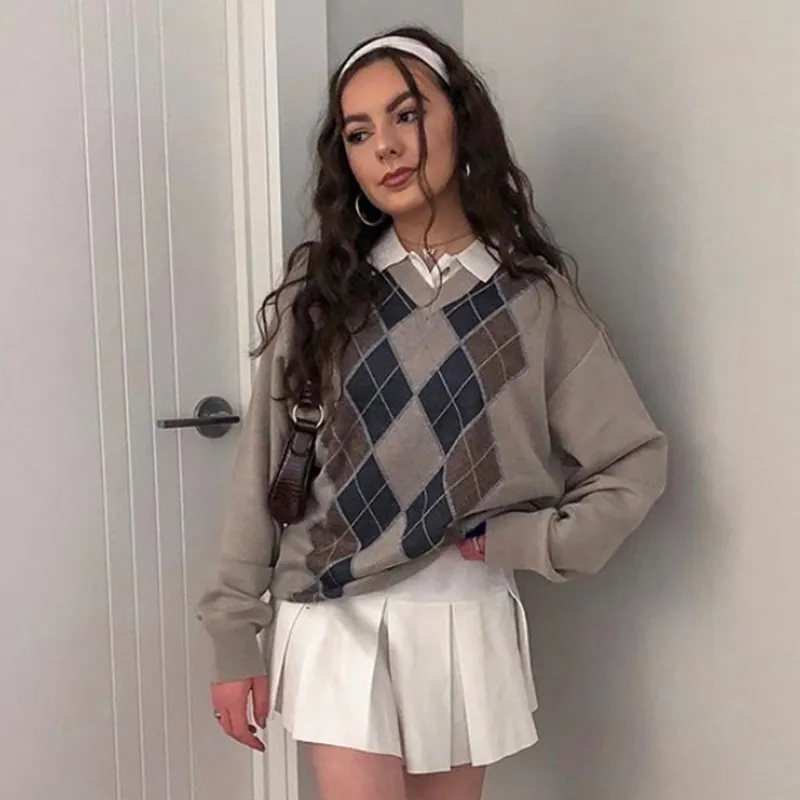 Vintage Argyle Plaid Y2K gebreide trui winter vrouwen mode herfst casual lange mouw v-hals jumper vrouwelijke trui top 210415