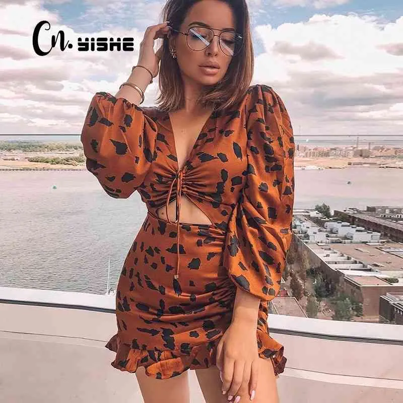 CNYISHE Ruffle Leopard Dress Donna Scollo a V Manica lunga Mini abiti sexy Moda Vintage Coulisse Abiti vuoti Abiti 210419