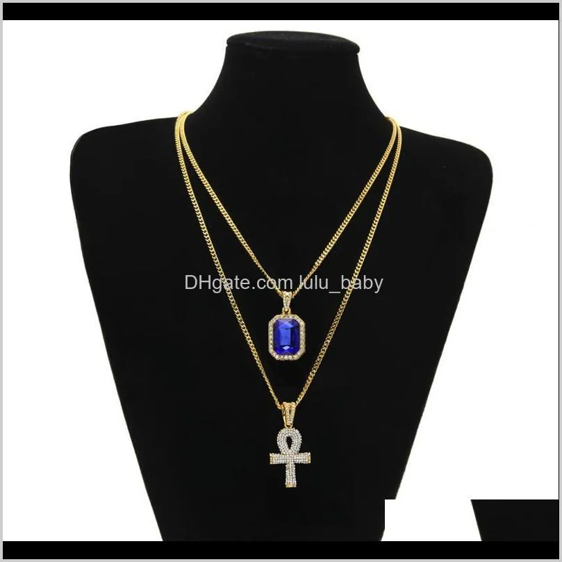 men s egyptian ankh key of life necklace set bling iced out cross mini gemstone pendant gold silver chain for women hip hop jewelry