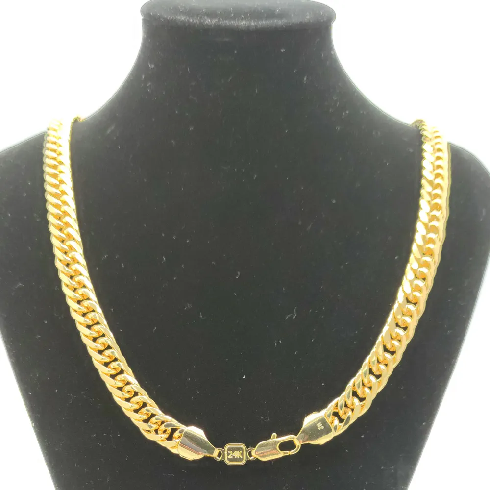 Supercool kedja Mode 24k Gul Solid Fine Guld Dubbelkant Kubansk Länk Halsband Herr 600MM 10MM