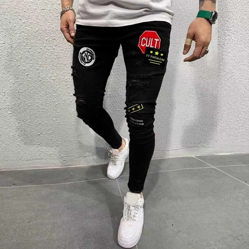 Mode Casual Denim Jeans Hommes Hommes Déchiré Streetwear Skinny Jeans Trous Hip-Hop Moto Haute Qualité Plissée Slim Jeans X0621