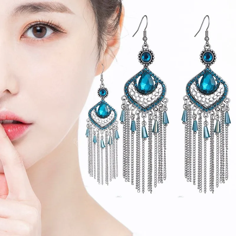 Koreaanse mode bohemian bengelen oorbellen vrouwen vintage drop-vormige legering ingelegd strass kristal lange ketting tassel dames oorbel