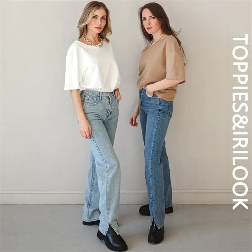 Toppies Kvinna Lång Jeans 115 cm Hög midja Övergripande sida Split Denim Byxor Kvinna Byxor 210922