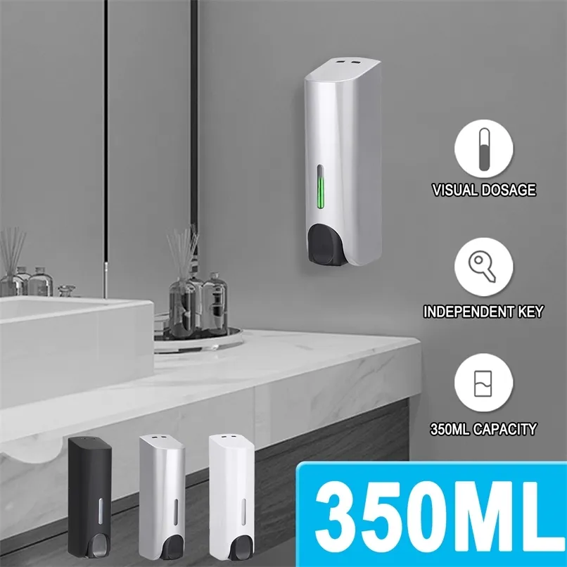 Flytande tvåldispenser väggmontering 350ml Badrumstillbehör Plastisk rengöringsmedel Shampoo Dispensers Köksflaska 211206