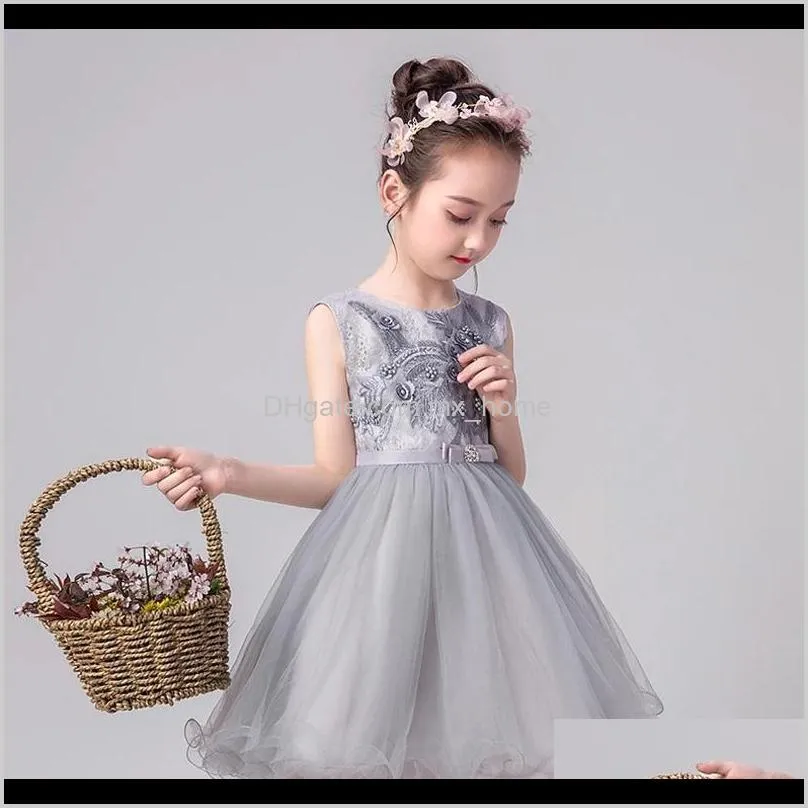 big girls ball gown dress hollow sleeveless wedding dress beaded appliqued bow zipper solid mesh lace elegant girls performance tutu