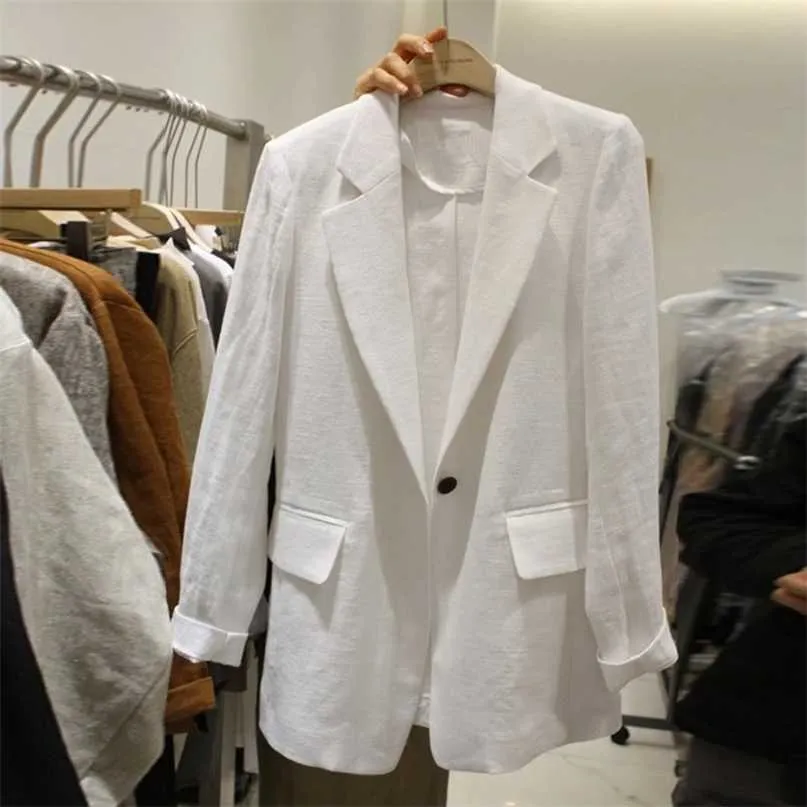 Femmes blanc lin Blazers manteau veste costume ample longue été femme solide un bouton couverts poches bureau dames 211019