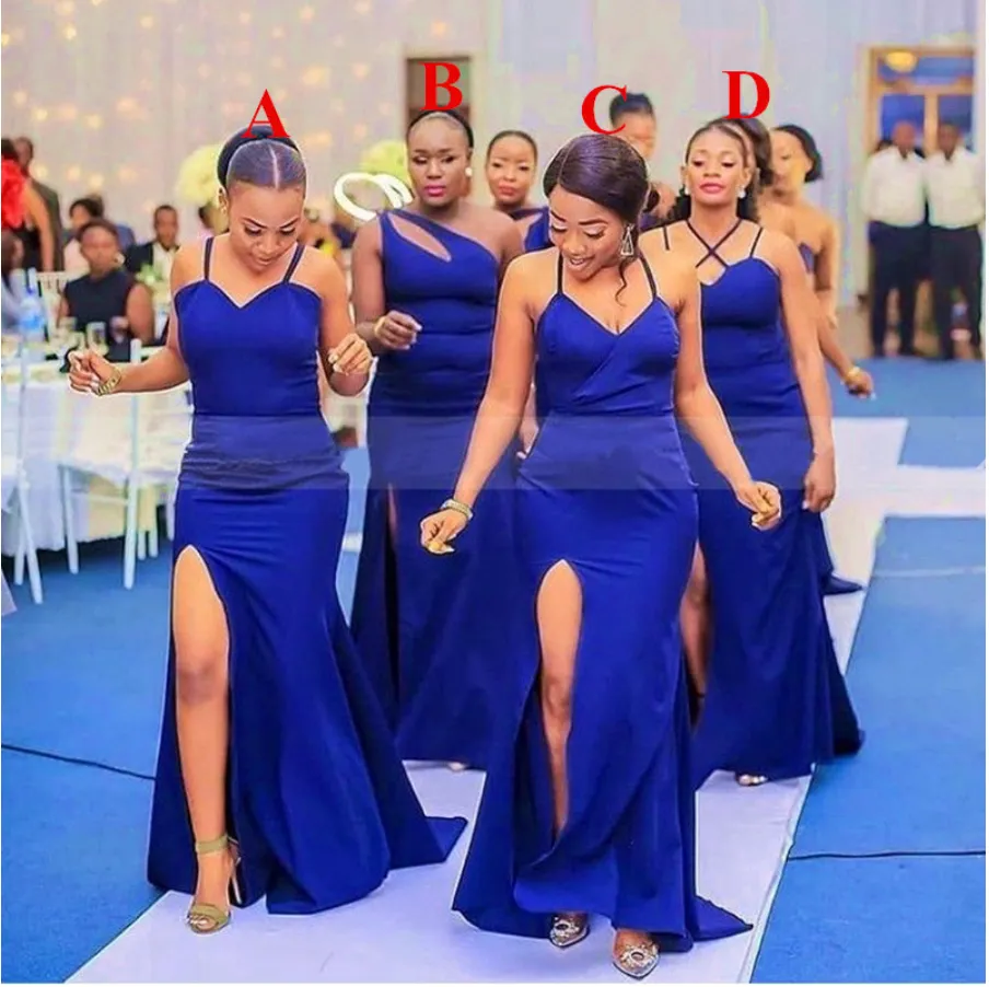 Sexig sida Split Royal Blue Bridesmaid Dresses Mermaid Afrikanska Kvinnor Lång Bröllopsfest Klänning Formell Klänning