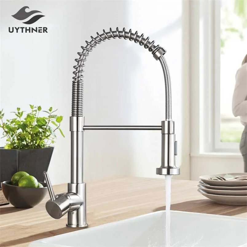 Szczotkowane kranik kuchenny Pull Down Kitchen Water Mikser Tap 360 Stopni Rotacja Kuchnia Materiały zlewozmywakowe i Faucet Wody zimnej 211108