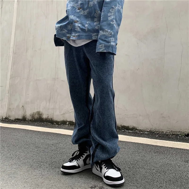 High Street Europese en Amerikaanse Hip-Hop Flare Jeans Retro Zwart Blauw Gewassen Versleten Side Graffiti Uitlopende Denim Broek Mannen Dames C0607