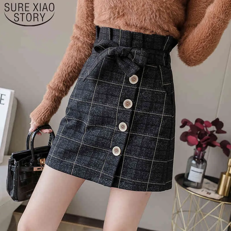 Fashion Autumn High Waist Elasticity Woolen Plaid Skirt A-line Button Bow Winter Sweet Mini Plus Size 7748 50 210510