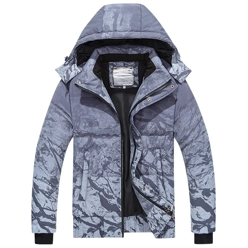 男性印刷厚くコートのファッションカップル暖かい防風フード付きフッファージャケット卸売デザイナー冬のカジュアル屋外パフジャケット