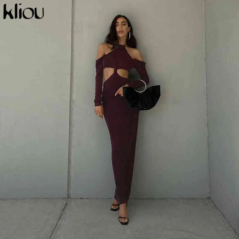 Kliou Sexy Party Women Maxi Dresses Elegant Cut Hollow Out Lace Up Neck-Mounted With Long Sleeve Club Female vestido de mujer Y1204