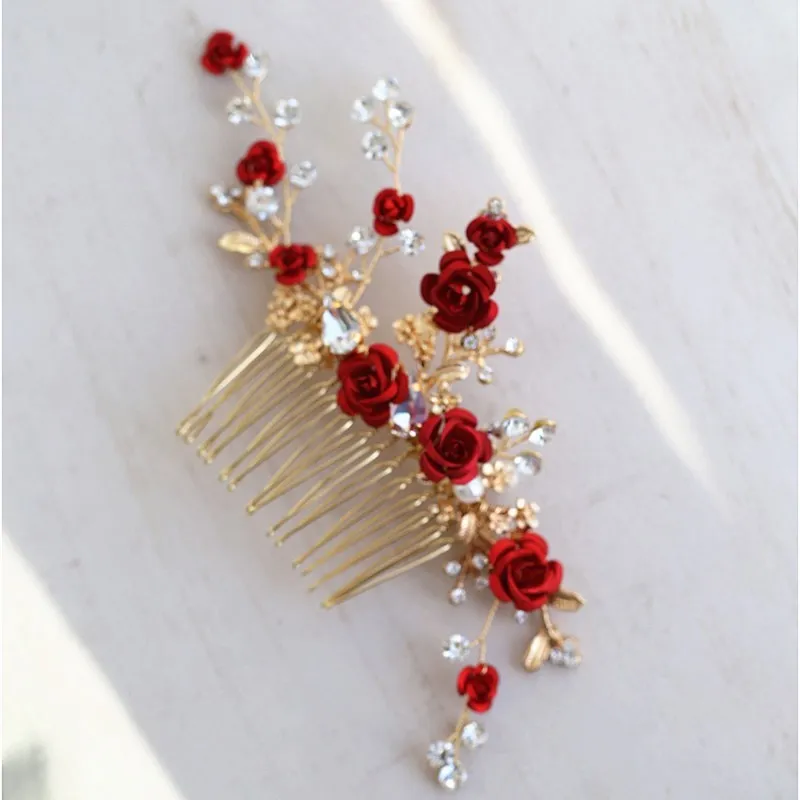 Jonnafe Red Rose Floral Headpiece For Women Prom Rhinestone Bridal Comb Accessories Handmade Wedding Hair Jewelry