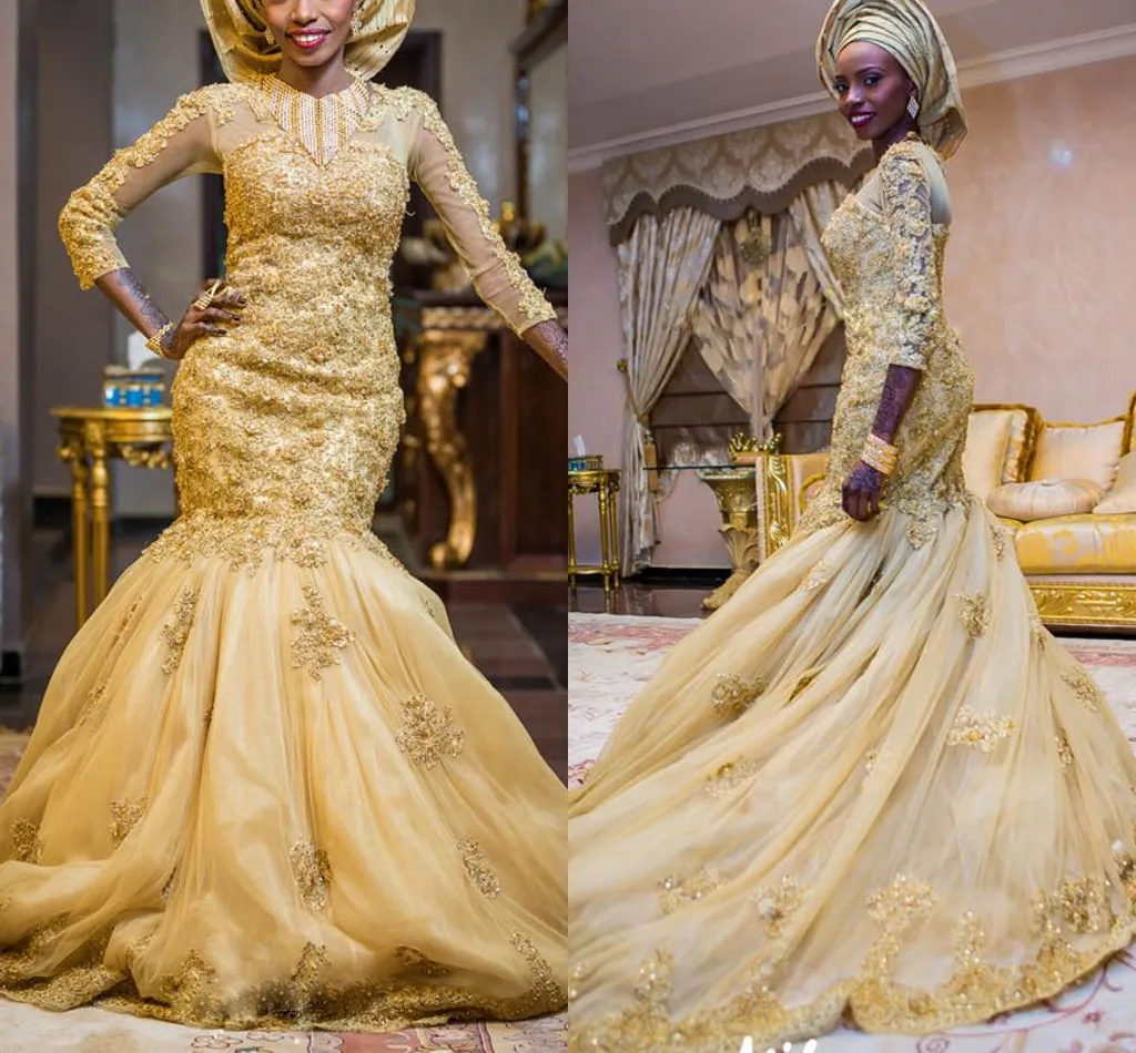 Tradition Gold Beiced Нигерийские свадебные платья Vestido de Noiva 2022 Русалка Кружева Кружева Appliques Африканские Длинные рукава Свадебные платья