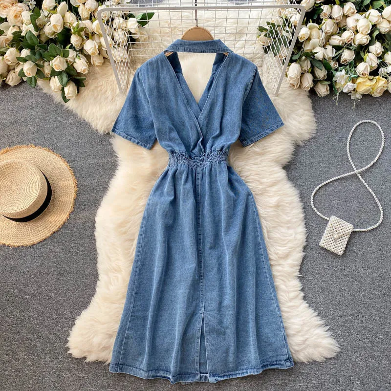 empire denim dress Kimchi Blue Kenzie Empire Waist Bow Back Denim Maxi Dress