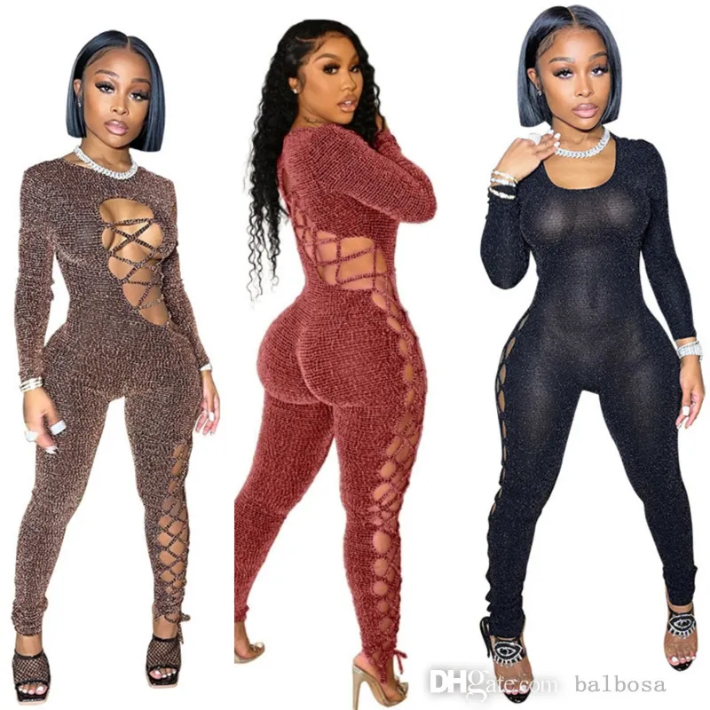 Sexiga kvinnor Bodycon Jumpsuits Långärmad stickade Rompers Low Breast Tether Large Tight Ribbed Bodysuit