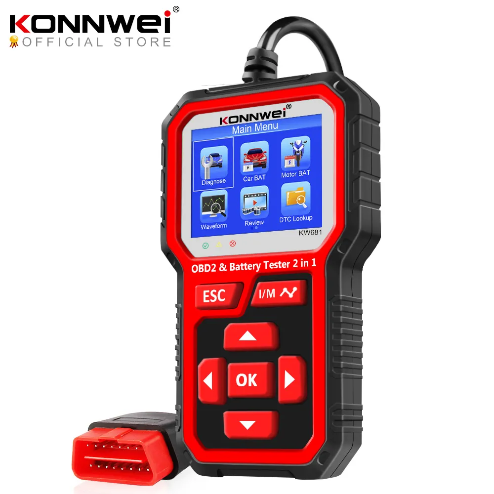 KONNWEI KW681 6V 12V testeur de batterie de moto de voiture Obd 2 outil de Diagnostic automatique 2 in1 2000 CCA Diagnostic de voiture Scanner Obd2