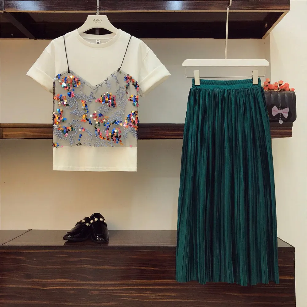 -Trendy-Summer-Women-Patchwork-Mesh-T-shirt-Beautiful-Pleated-Skirt-2-pcs-sets_