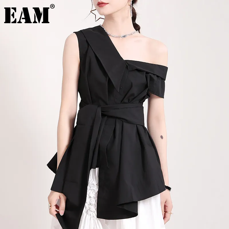[EAM] Donne Black Black Bandaggio Irregolare Black Blusa con scollo a V Collo corto Shirt Fit Shirt Fashion Primavera Estate 1D7664 21512