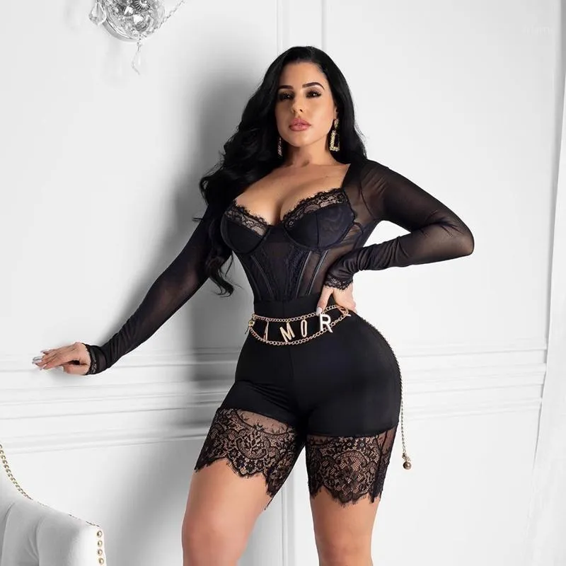 Jumpsuits das mulheres macacão Skinny Sexy Bodysuit Womens Romper Malha Retalhamento Preto Lace Manga Longa Elegante Clube Party Bodycon Playsuit