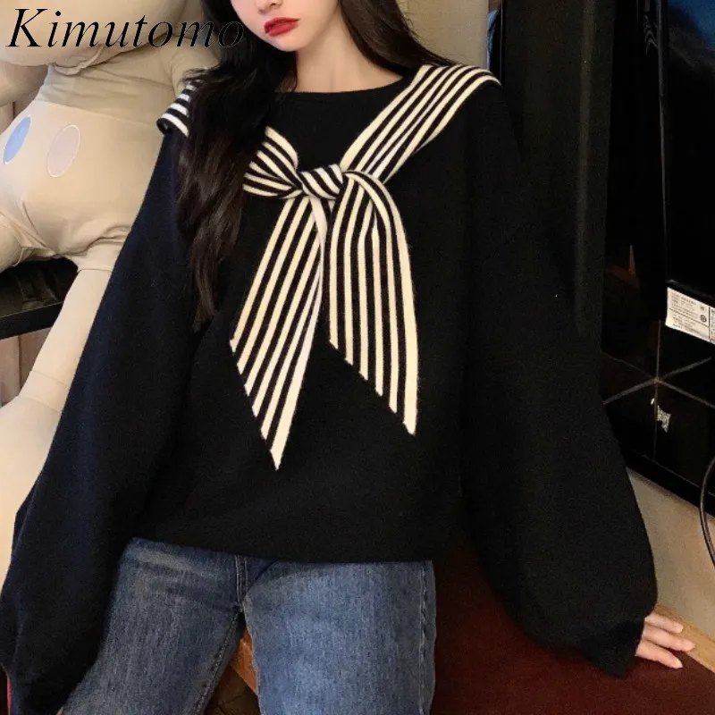 Kimutomo Sweet Woman Sweaters Höst Vinter Korea Chic Kvinna Lös O-Neck Patchwork Långärmad Pullover Fashion 210521