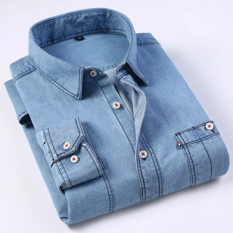 Chemise de travail en denim à manches longues coupe régulière pour hommes Poches poitrine à deux boutons Fente pour crayons Chemises en coton décontractées minces