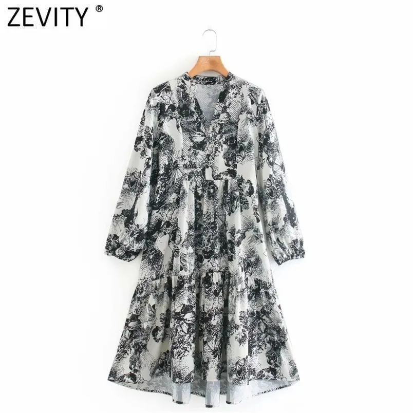 Women Vintage V Neck Ink Painting Butterfly Printing Casual Shirt Dress Female Chic Pleat Ruffles Vestido DS4751 210420