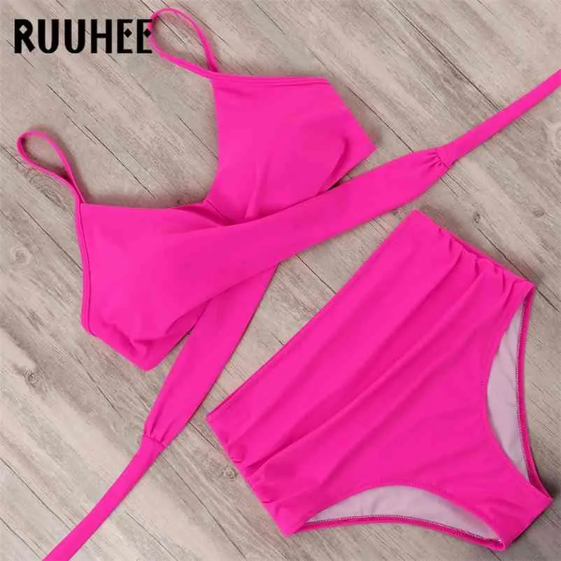 Ruuhee Stroje kąpielowe Kobiety Criss Cross Garnitur Kąpielowy Sexy Beach Nosić Solidne Zestawy Bikini Drukowane Wysoką Talię Push Up Swimsuit 210621