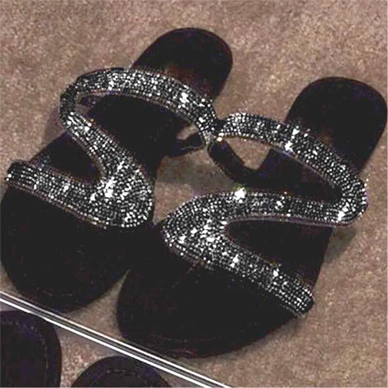 Kvinnor glider sandaler slipper sommarkristall platt sandal brev z sequins band tofflor öppna tå glida damer mode strand icke-slip skor stor storlek EU35-43 NO05