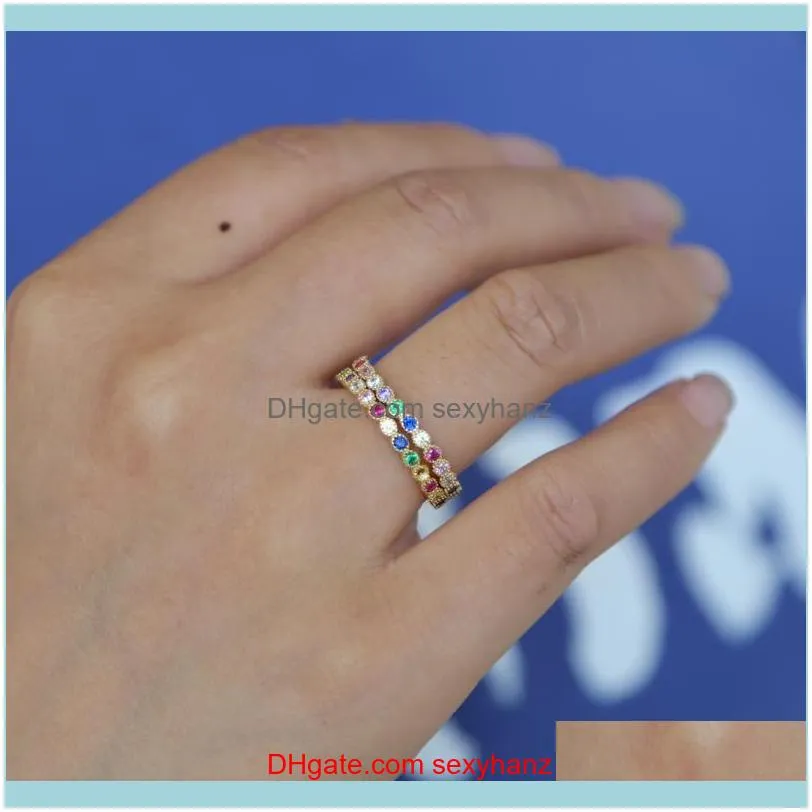 Genuine 925 Sterling Silver Rainbow Colorful CZ Stone Finger Rings For Women Luxury Gorgeous Stack Ring Party Jewelry Gift Cluster