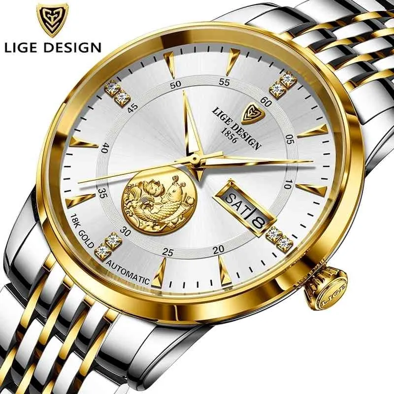 LIGE Men Mechanical Watches Top Brand Luxury Automatic Watch Sport Stainless Steel 100M Waterproof Watch Men relogio masculino 210527