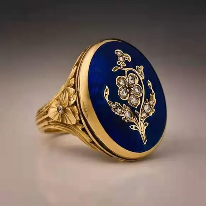 Victoriaanse vintage 14k gouden diamanten ring unieke blauwe rozenbloem email juwelen bruid verloving bruiloft cadeau voor vrouwen maat 7-11