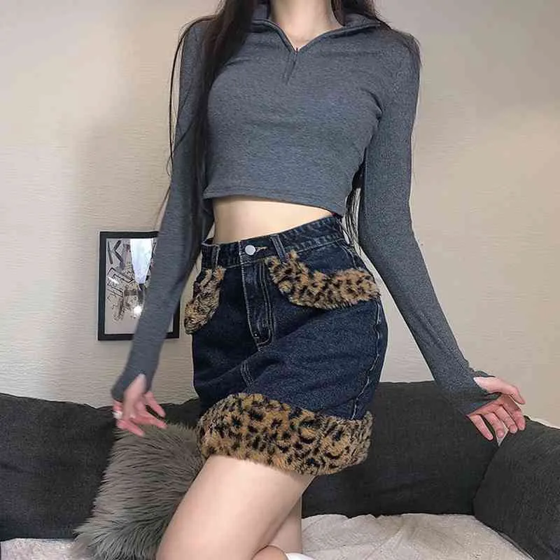 Wenyujh леопардовый меховой край джинсовая юбка женщина опрятный стиль школа девочек 90-х годов эстетика уличная одежда высокие талии мини-юбки Y2K джинсы X0428